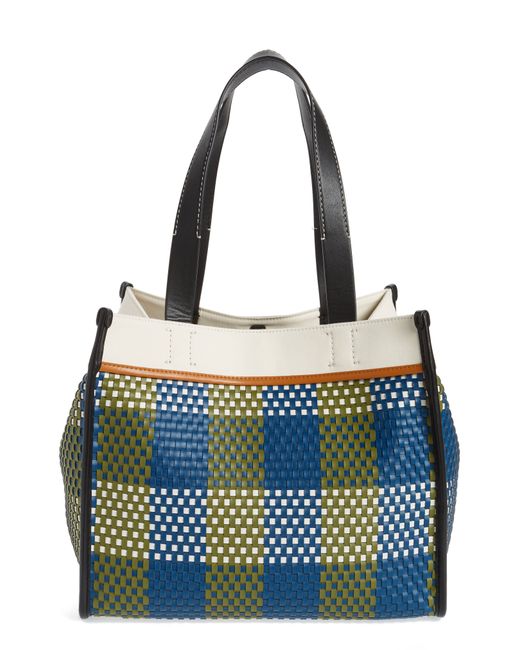 Proenza Schouler White Label Large Morris Woven Plaid Tote in Teal/Olive/White at