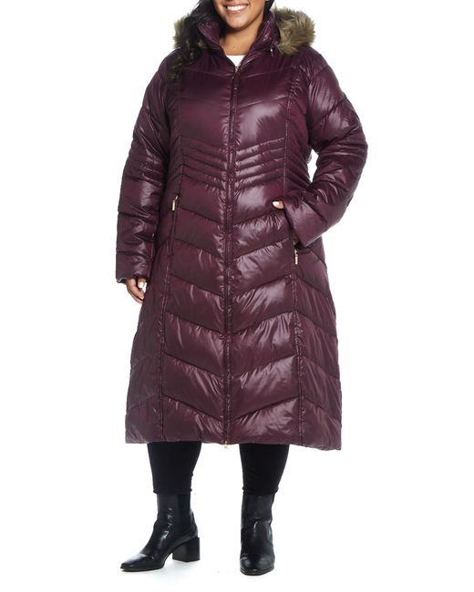 Gallery Hooded Maxi Puffer Coat with Faux Fur Trim in at