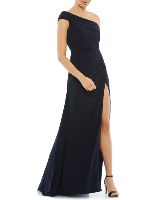 Ieena for Mac Duggal Ruched One-Shoulder Trumpet Gown in Navy at 10