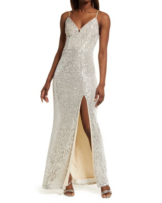 Speechless Sequin Side Slit Gown in Ivory at