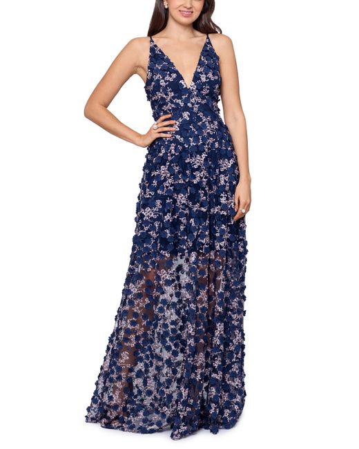 Xscape 3D Floral Sleeveless Gown in Navy/Blush at