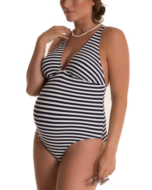 Pez D'Or Marina Stripe One-Piece Maternity Swimsuit in Navy/White at