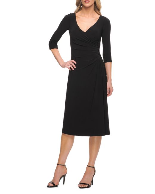 La Femme Ruched Jersey Faux Wrap Dress in at