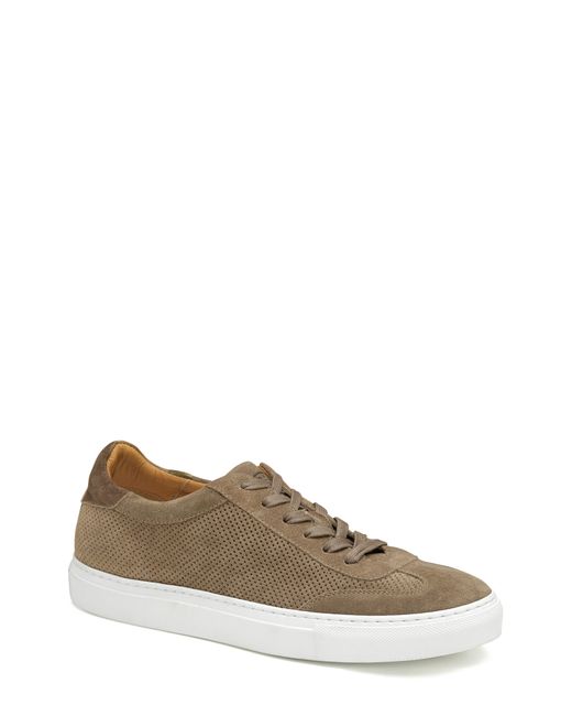 J And M Collection Jake Perforated Sneaker in Taupe Italian Suede at 8.5