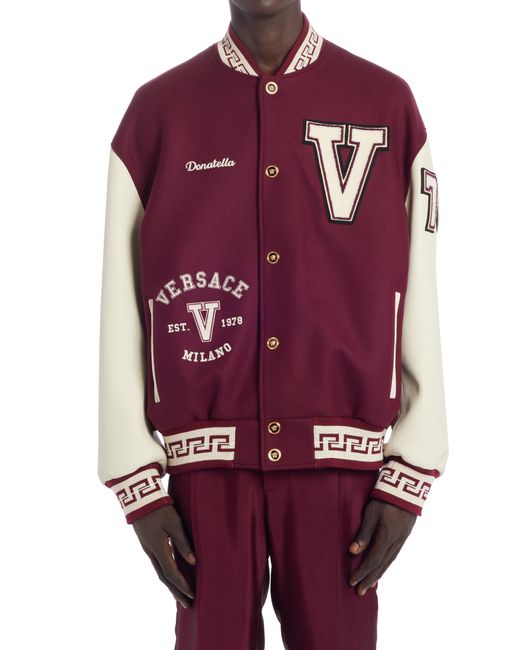 Versace First Line Wool Blend Varsity Jacket with Leather Sleeves in at