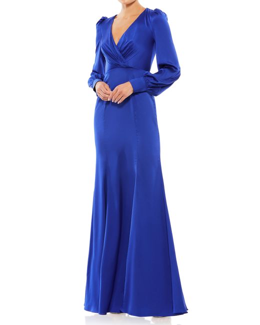 Mac Duggal Empire Long Sleeve Satin Trumpet Gown in Royal at 0