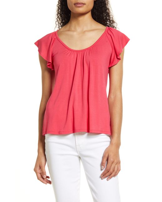 Loveappella Flutter Sleeve Top in Coral at X-Small