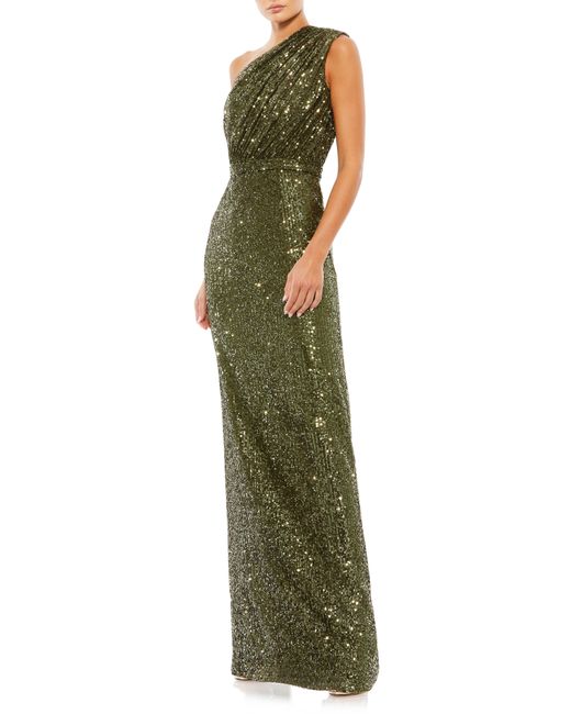 Mac Duggal Sequin One-Shoulder Column Gown in Olive at 6