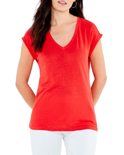Nic+Zoe V-Neck Linen Blend T-Shirt in Cherry at Medium