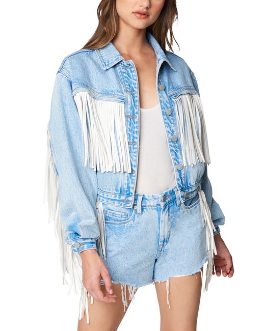 Blank NYC Faux Leather Fringe Denim Trucker Jacket in Nice Try at Large