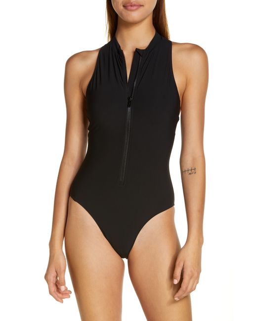 Sweaty Betty Vista High Neck Zip-Up One-Piece Swimsuit in at