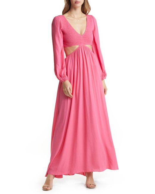 Vici Collection Smocked Cutout Long Sleeve Maxi Dress in at