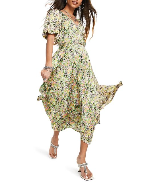 TopShop Floral Puff Sleeve Midi Dress in at