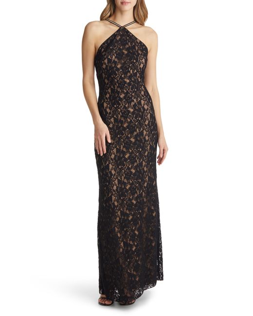 Tadashi Shoji Halter Neck Lace Gown in Nude at