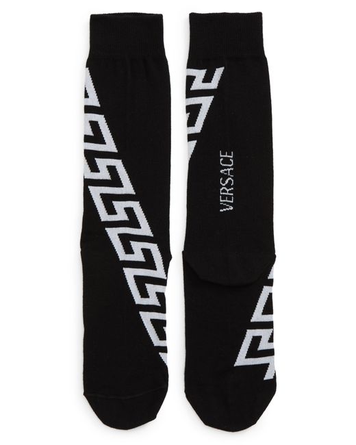 Versace First Line Twisted Greca Logo Cotton Crew Socks in Black at