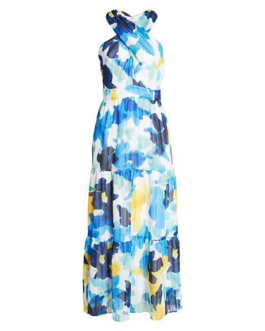 Maggy London Abstract Floral Halter Neck Maxi Dress in Soft White/Royal at
