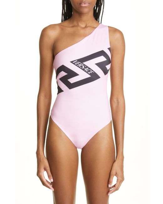 Versace First Line Versace Greca Logo One Shoulder One-Piece Swimsuit in at