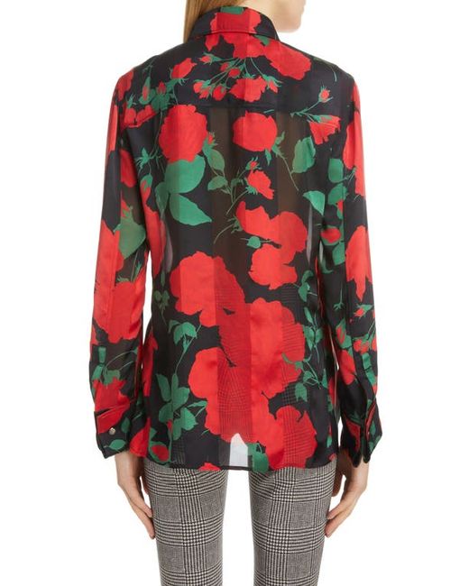 Saint Laurent Rose Print Button-Up Silk Blouse in at
