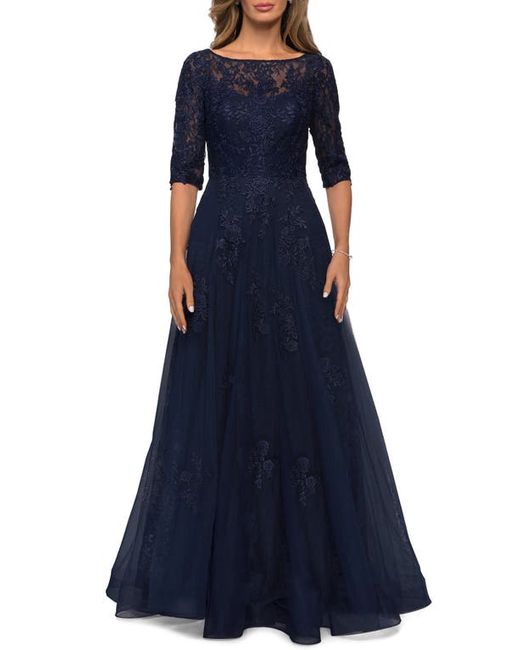 La Femme Floral Lace Tulle Gown in at