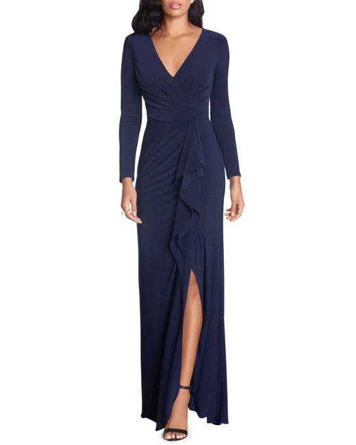Betsy & Adam Cascade Ruffle Long Sleeve Stretch Jersey Gown in at