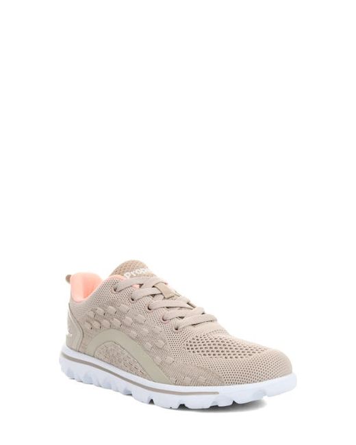 Propét TravelActiv Axial Lace-Up Sneaker in Taupe/Peach Fabric at