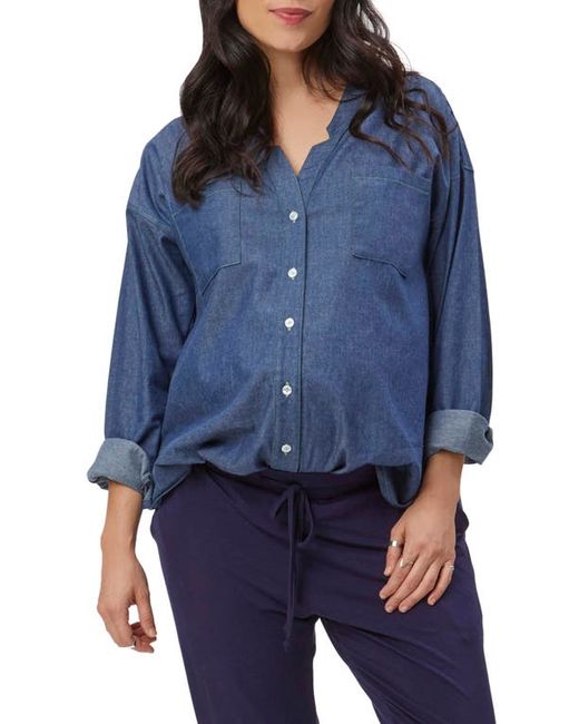 Stowaway Collection Chambray Maternity Top in Denim/Contrast Trim at