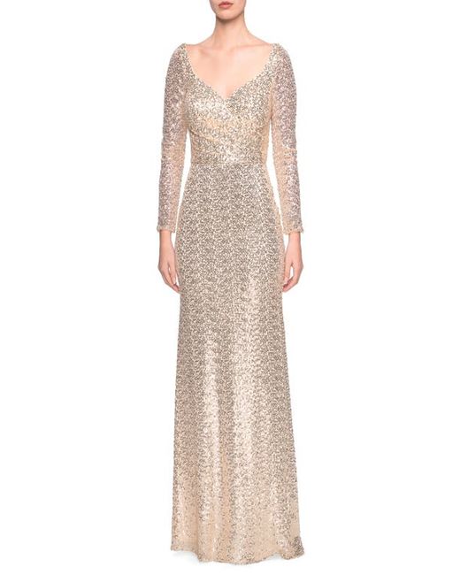 La Femme Long Sleeve Sequin Trumpet Gown in at