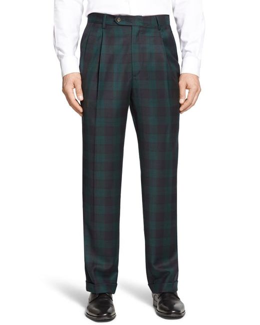 Berle Touch Finish Pleated Classic Fit Plaid Wool Trousers in at