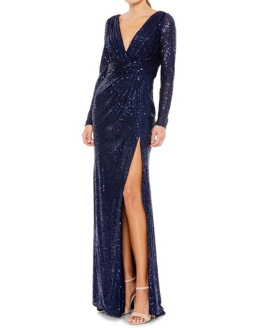 Mac Duggal Long Sleeve Sequin Faux Wrap Gown in at