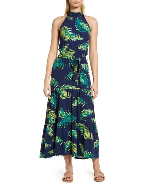 Loveappella Palm Print Halter Neck Knit Maxi Dress in at