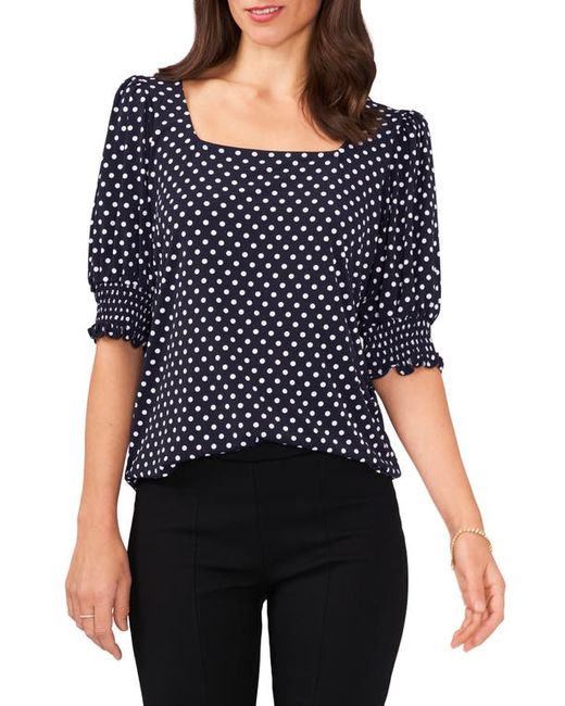 Chaus Square Neck Smocked Sleeve Blouse in Navy/White at