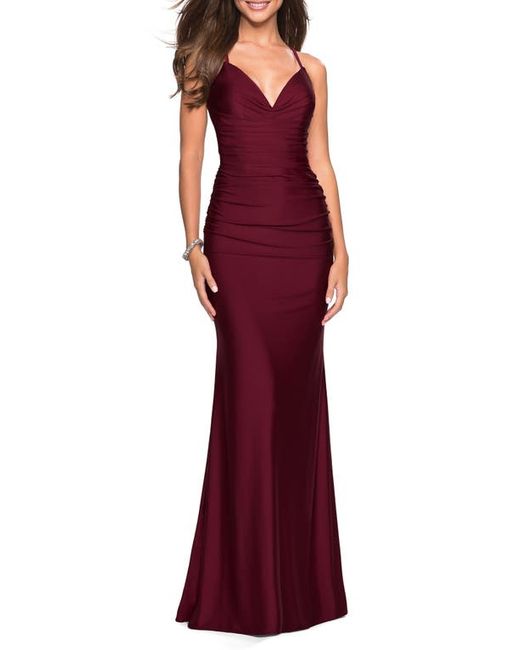 La Femme Strappy Back Ruched Trumpet Gown in at
