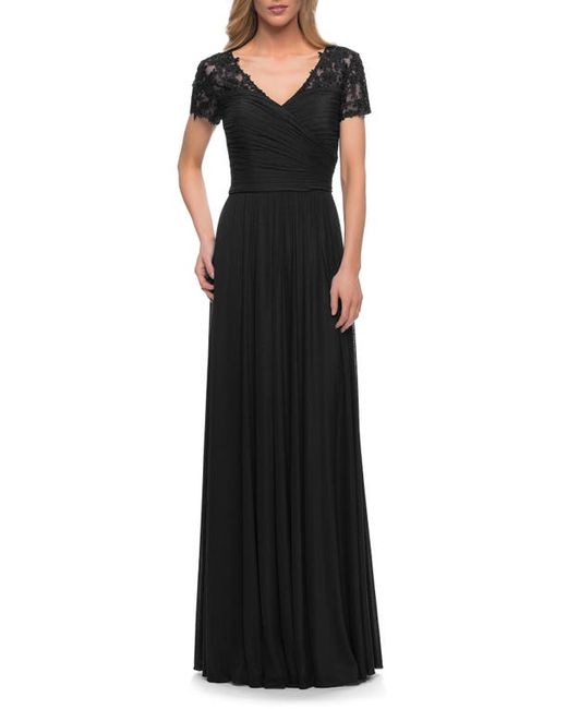 La Femme Floral Embroidered Sheath Gown in at