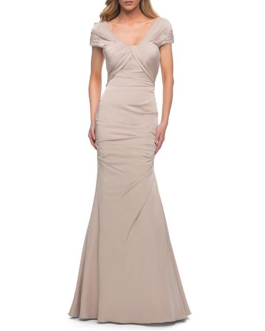 La Femme Pleated Jersey Trumpet Gown in at