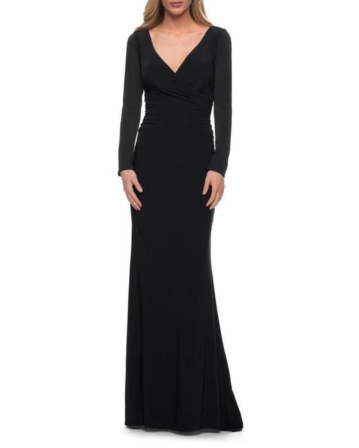 La Femme Long Sleeve Ruched Jersey Gown in at