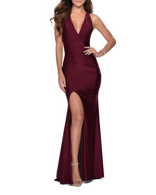 La Femme Satin Jersey Trumpet Gown in at