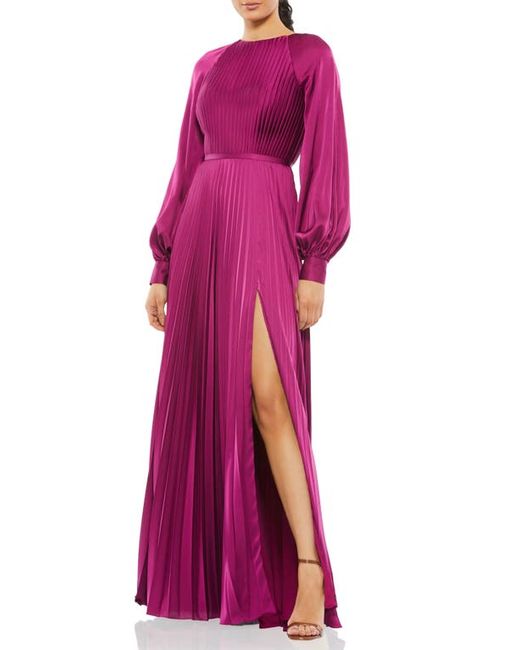 Mac Duggal Pleated Long Sleeve Satin A-Line Gown in at