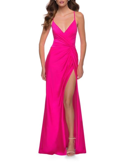 La Femme Strappy Back Jersey Gown in at