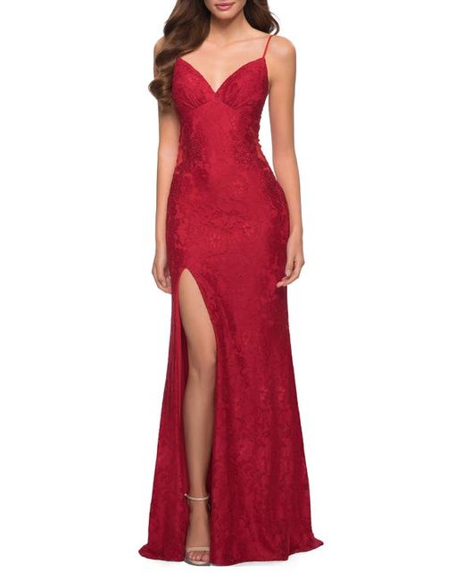 La Femme Sparkle Stretch Lace Open Back Sheath Gown in at