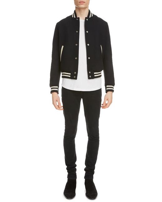 Saint Laurent Teddy Logo Patch Wool Blend Bomber Jacket in at