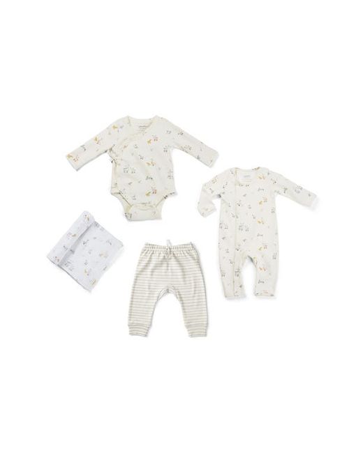 Pehr Just Hatched 4-Piece Organic Cotton Bodysuit Romper Pants Swaddle Blanket Set in at