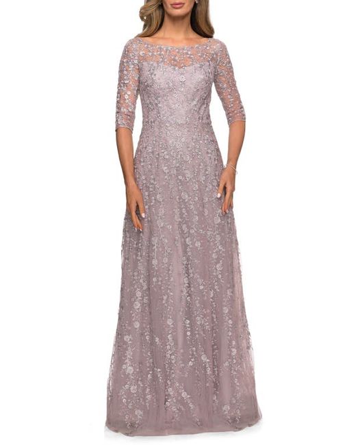 La Femme Floral Embroidery A-Line Gown in at