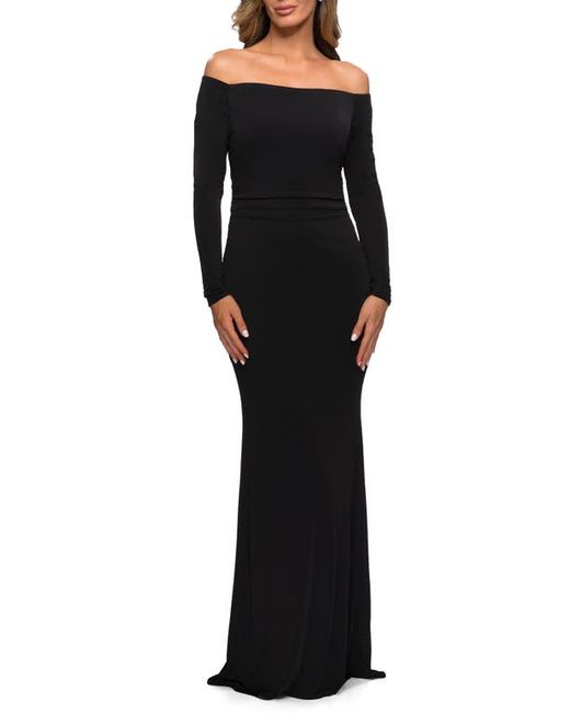 La Femme Off the Shoulder Long Sleeve Jersey Gown in at