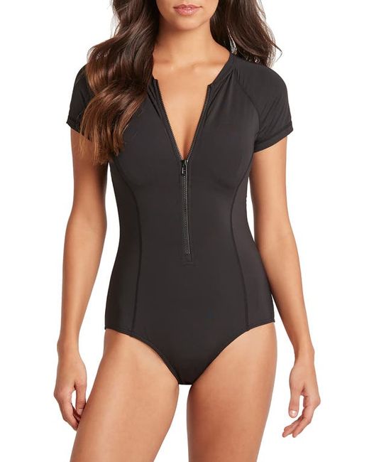 Sea Level Short Sleeve Multifit Front Zip One-Piece Swimsuit in at