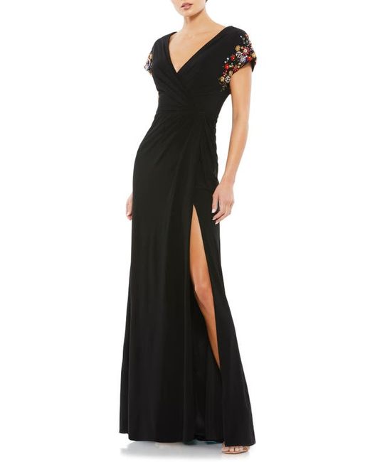 Mac Duggal Jeweled Sleeve Faux Wrap Gown in at