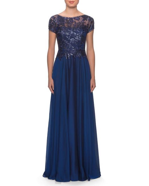La Femme Floral Lace Satin Gown in at