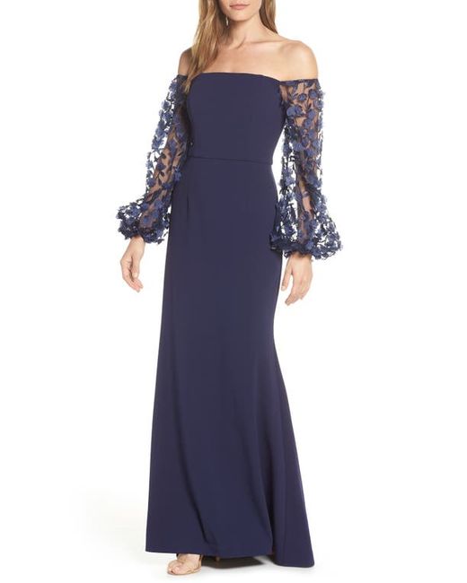 Eliza J Off the Shoulder 3D Floral Sleeve Scuba Crepe Evening Dress in at
