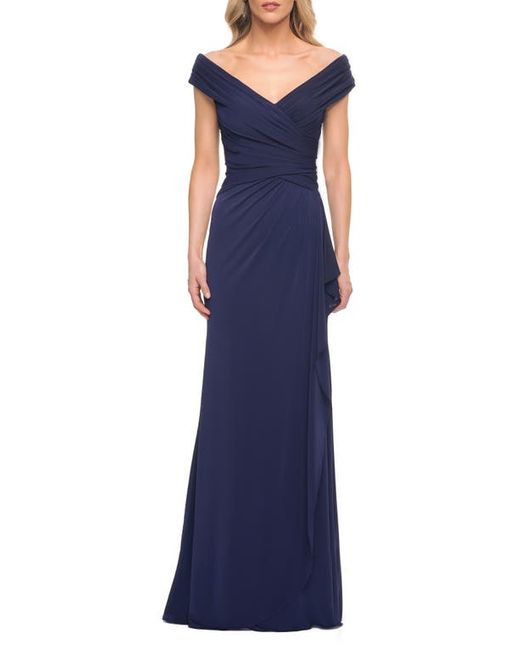 La Femme Ruched Jersey Column Gown in at