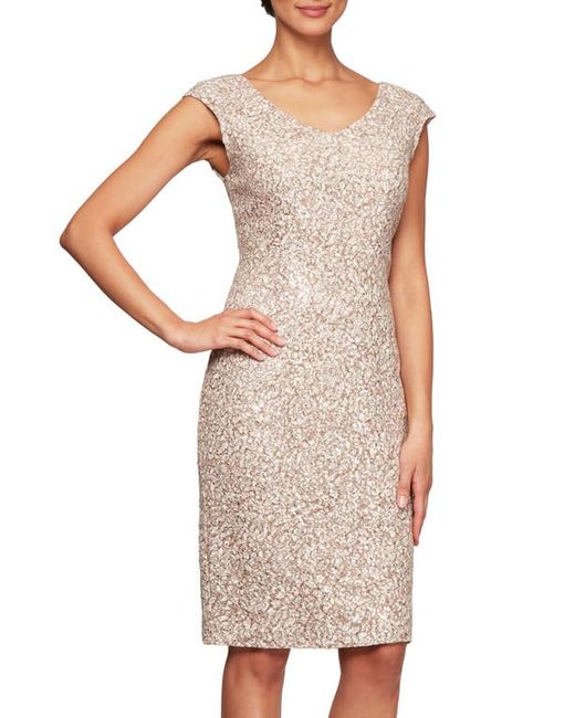 Alex Evenings Sequin Corded Lace Cocktail Dress in Champagne/Ivory at