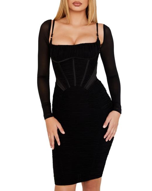 House Of Cb Freyja Satin Ruched Long Sleeve Body-Con Dress in at